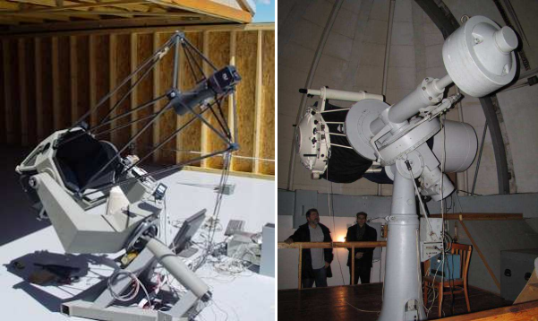 Рис. 10. Телескопы для астероидных обзоров: 45,5-см Центурион-18 с полем зрения 1,65х1,65 градуса на ПЗС-камеру ML09000 в Нью-Мексико (слева) и 60-см Цейсс-600 с полем зрения 1х1 градуса в Андрушевке (справа).