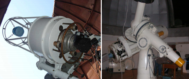 Рис. 9. Телескопы для наблюдений фрагментов космического мусора: 60 см РК-600 с ПЗС-камерой ML1001E в Маяках (слева) и 70-см АЗТ-8 с ПЗС-камерой PL1001E в Гиссаре (справа).